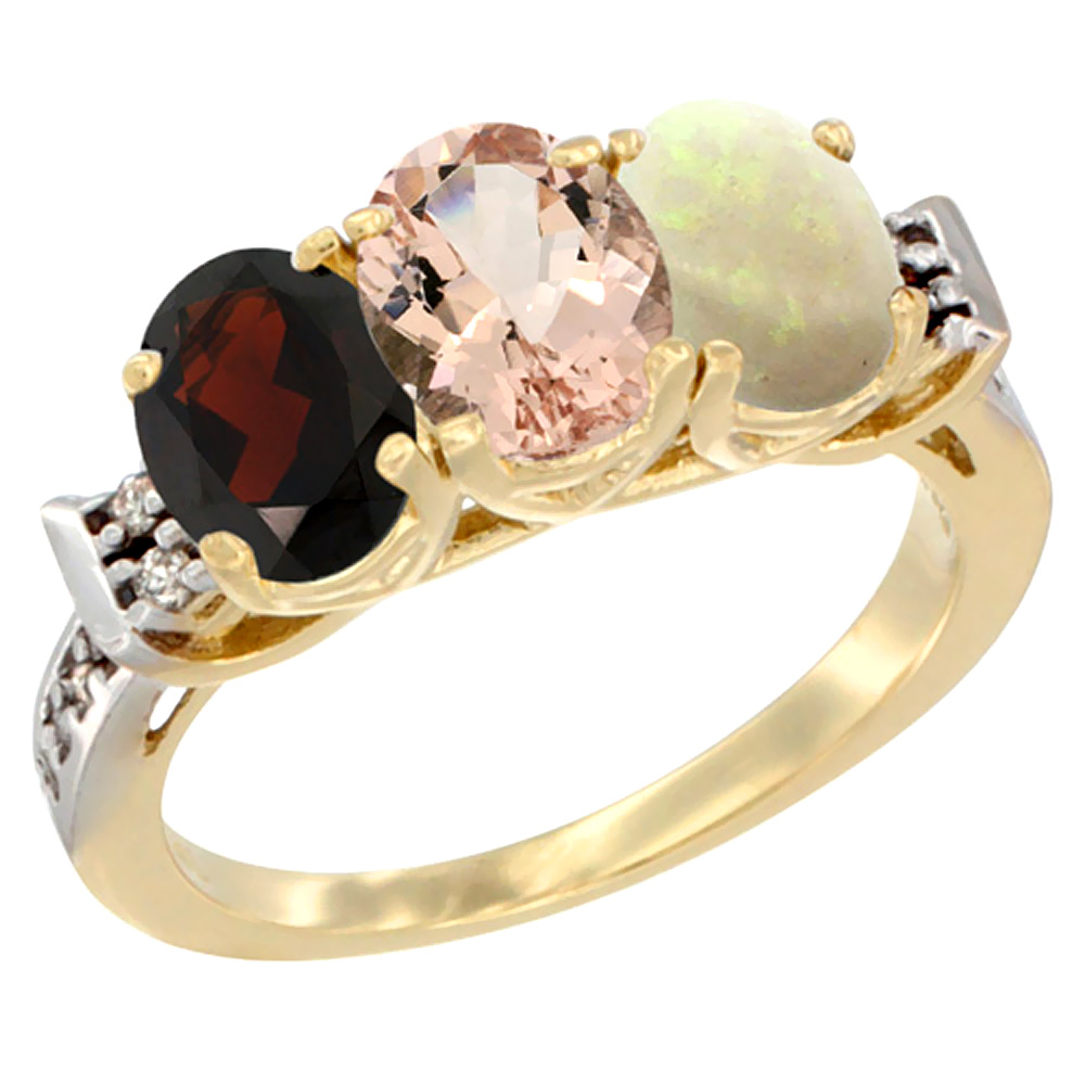 14K Yellow Gold Natural Garnet, Morganite &amp; Opal Ring 3-Stone 7x5 mm Oval Diamond Accent, sizes 5 - 10
