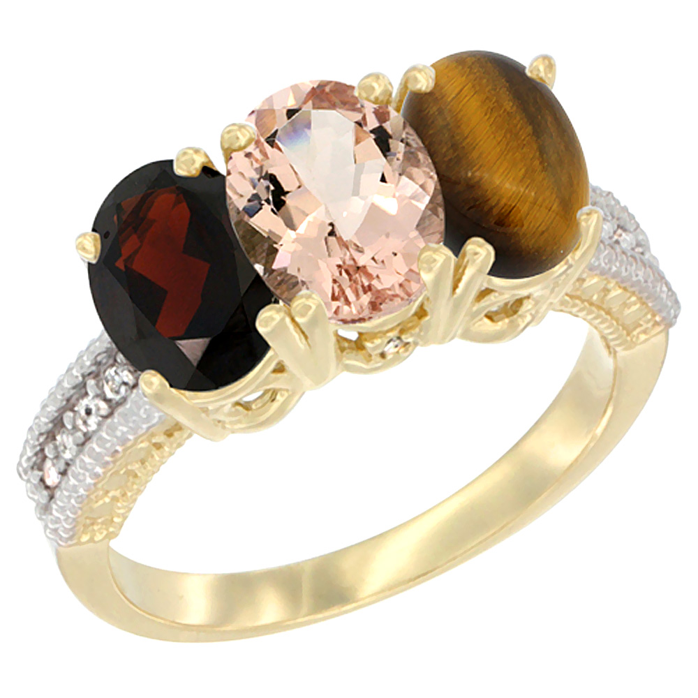 10K Yellow Gold Diamond Natural Garnet, Morganite &amp; Tiger Eye Ring 3-Stone 7x5 mm Oval, sizes 5 - 10