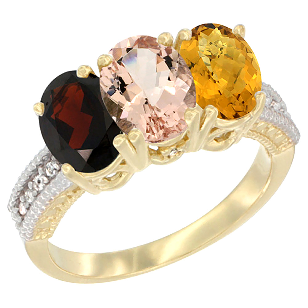 10K Yellow Gold Diamond Natural Garnet, Morganite & Whisky Quartz Ring 3-Stone 7x5 mm Oval, sizes 5 - 10