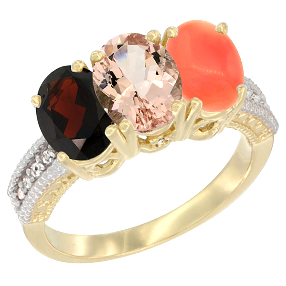 14K Yellow Gold Natural Garnet, Morganite &amp; Coral Ring 3-Stone 7x5 mm Oval Diamond Accent, sizes 5 - 10