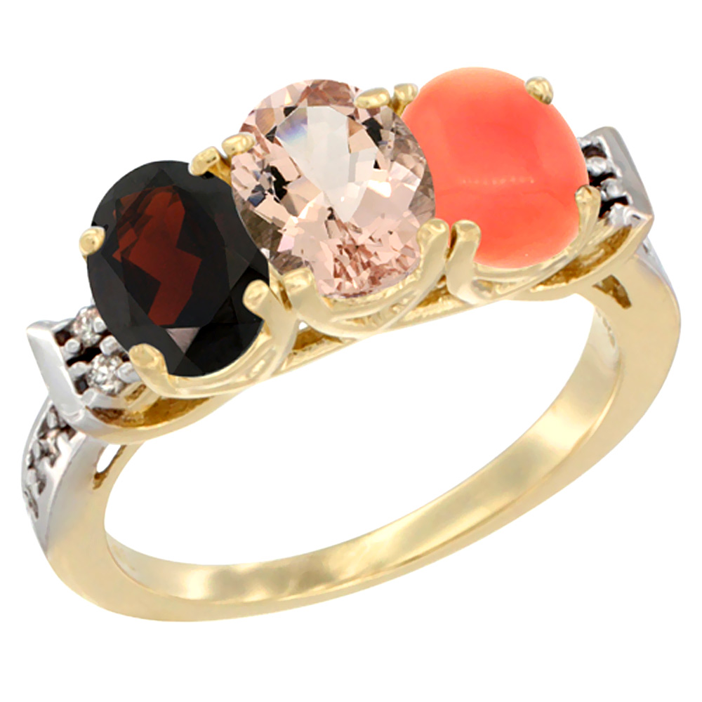 14K Yellow Gold Natural Garnet, Morganite & Coral Ring 3-Stone 7x5 mm Oval Diamond Accent, sizes 5 - 10