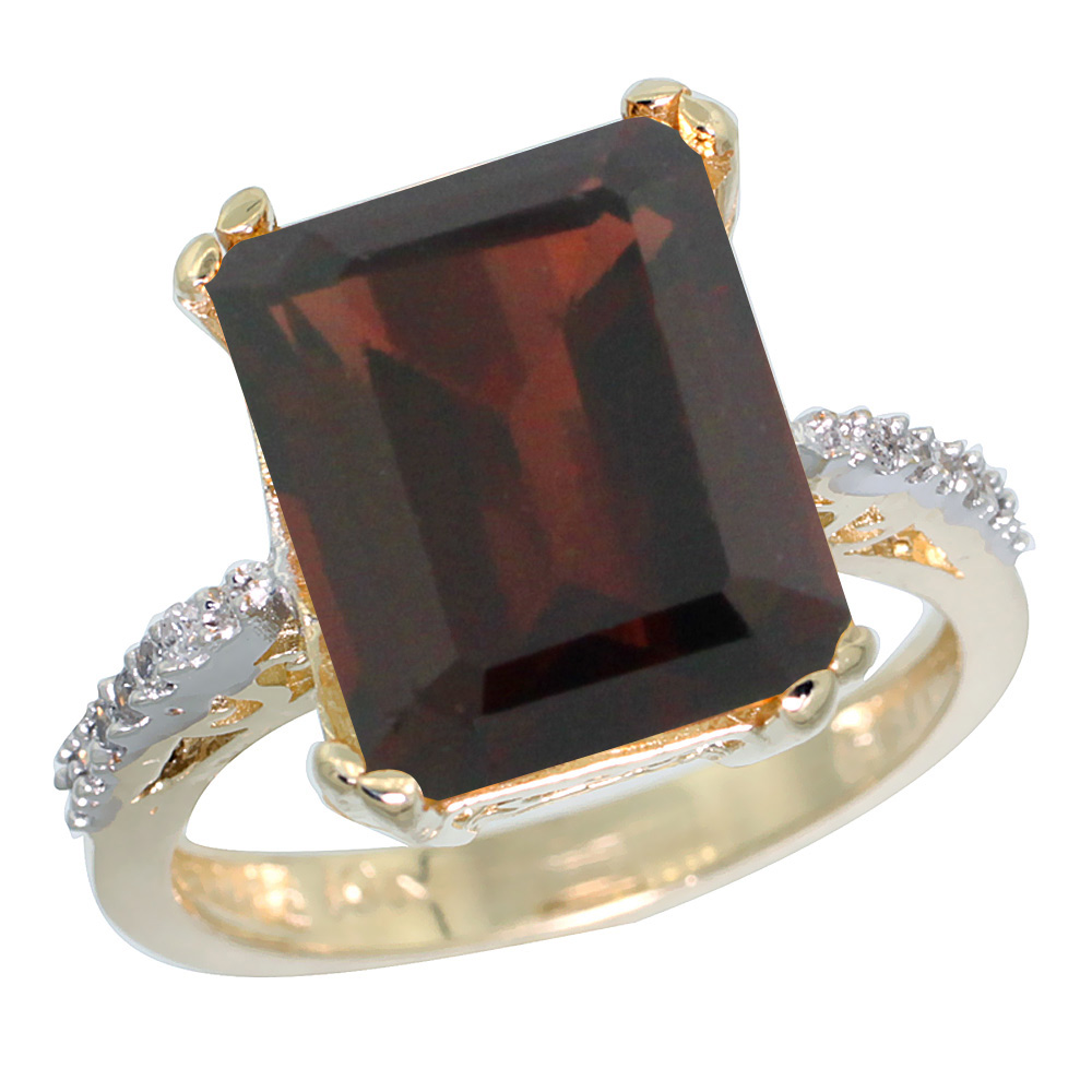 10K Yellow Gold Diamond Natural Garnet Ring Emerald-cut 12x10mm, sizes 5-10