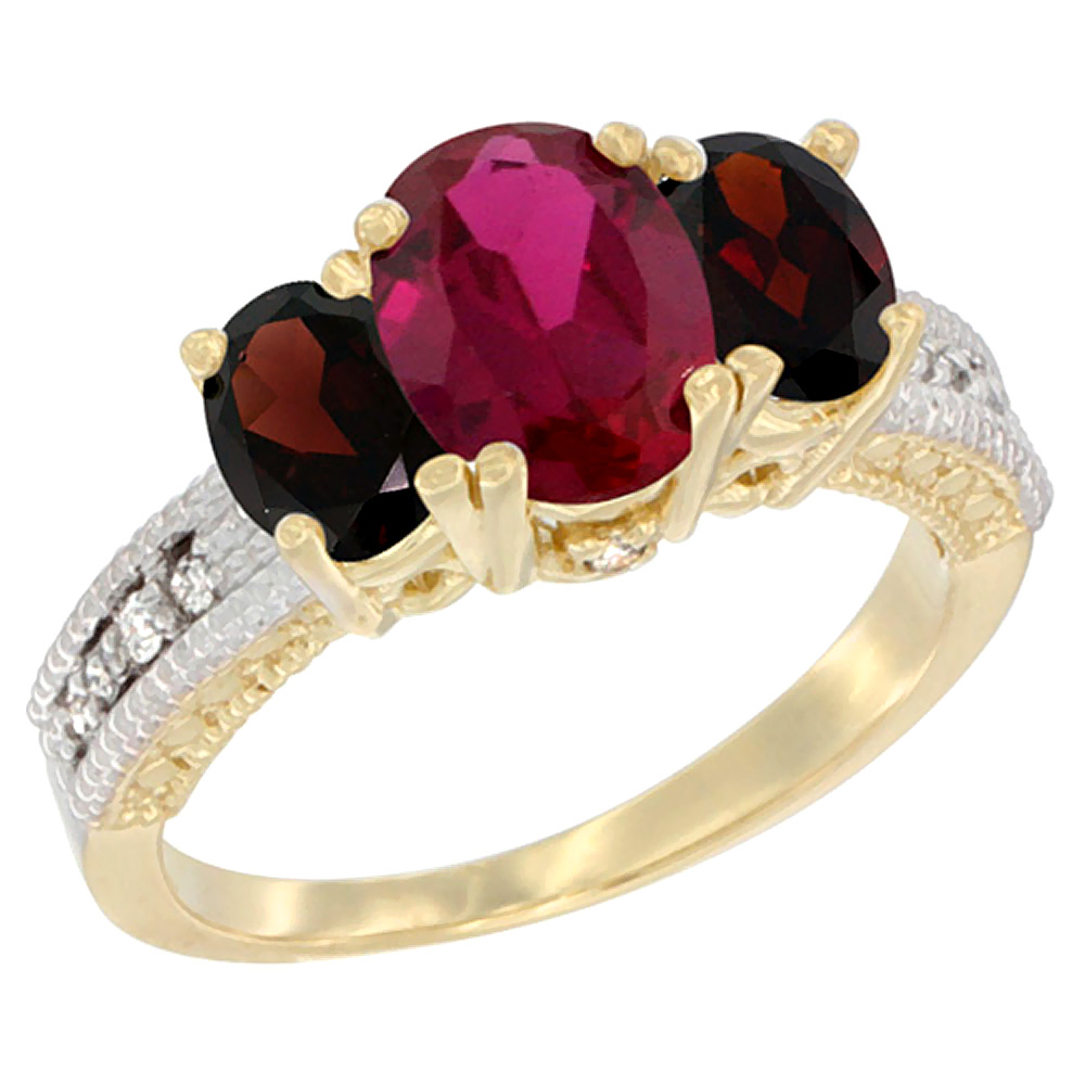 14K Yellow Gold Diamond Enhanced Ruby Ring Oval 3-stone with Garnet, sizes 5 - 10