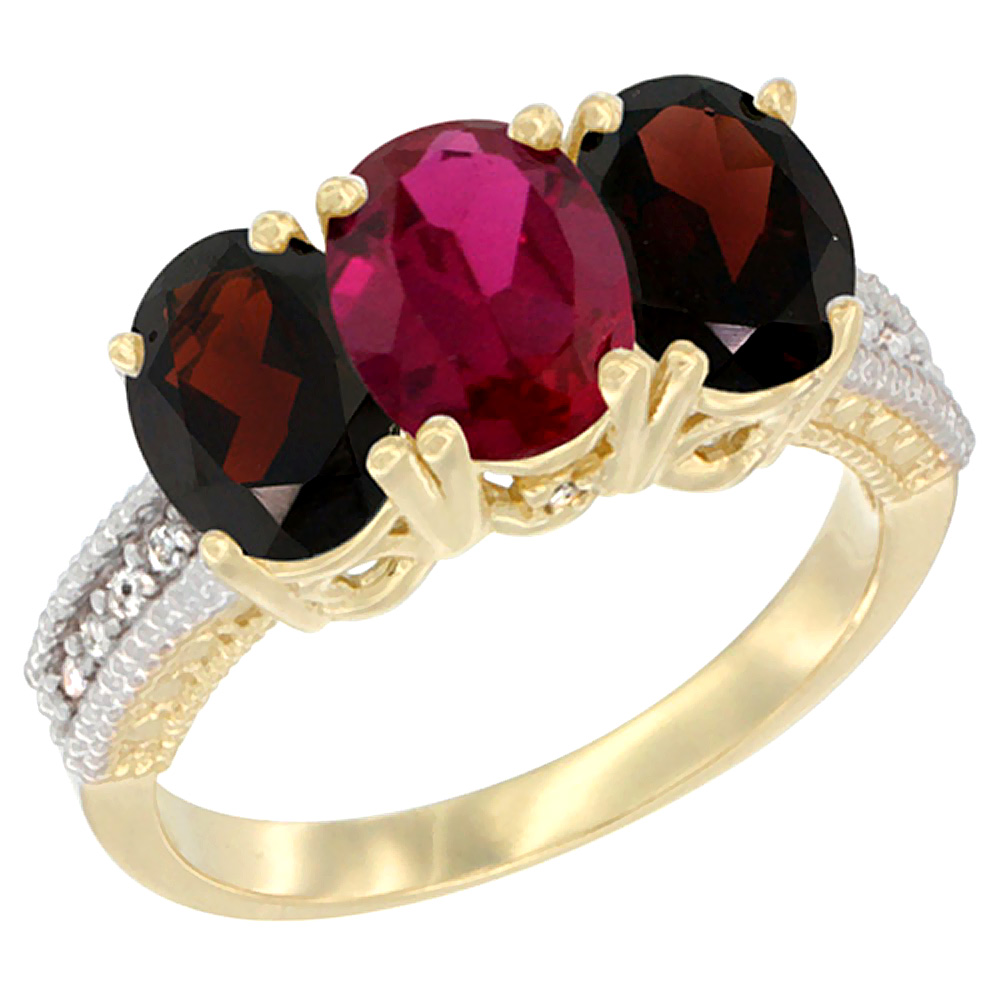 14K Yellow Gold Natural Enhanced Ruby &amp; Natural Garnet Sides Ring 3-Stone 7x5 mm Oval Diamond Accent, sizes 5 - 10