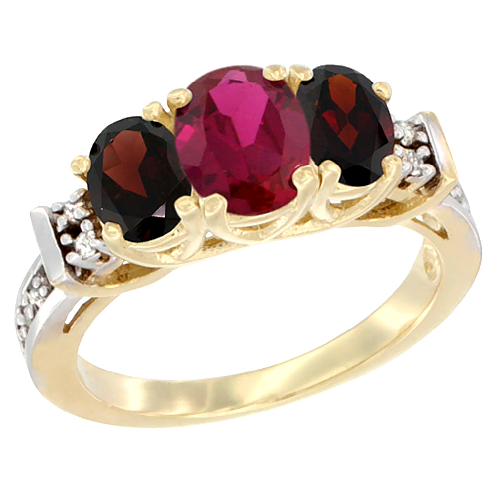 14K Yellow Gold Enhanced Ruby &amp; Natural Garnet Ring 3-Stone Oval Diamond Accent