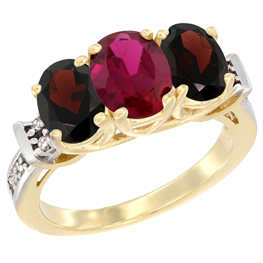14K Yellow Gold Enhanced Ruby &amp; Garnet Sides Ring 3-Stone Oval Diamond Accent, sizes 5 - 10