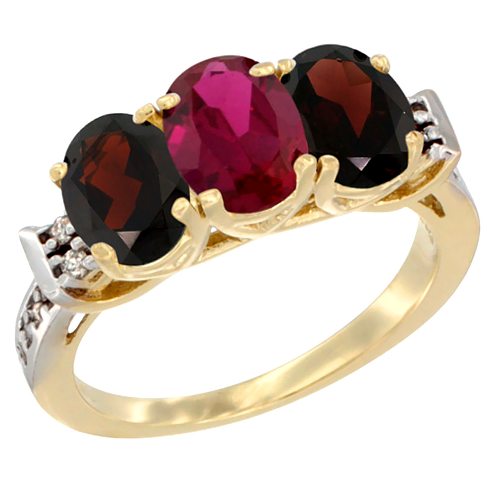 10K Yellow Gold Enhanced Ruby & Natural Garnet Sides Ring 3-Stone Oval 7x5 mm Diamond Accent, sizes 5 - 10