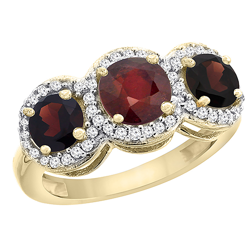 10K Yellow Gold Enhanced Ruby &amp; Garnet Sides Round 3-stone Ring Diamond Accents, sizes 5 - 10