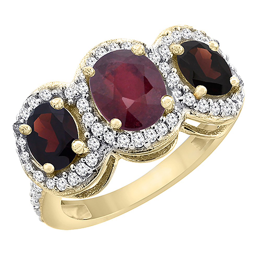 10K Yellow Gold Natural Quality Ruby & Garnet 3-stone Mothers Ring Oval Diamond Accent, size 5 - 10