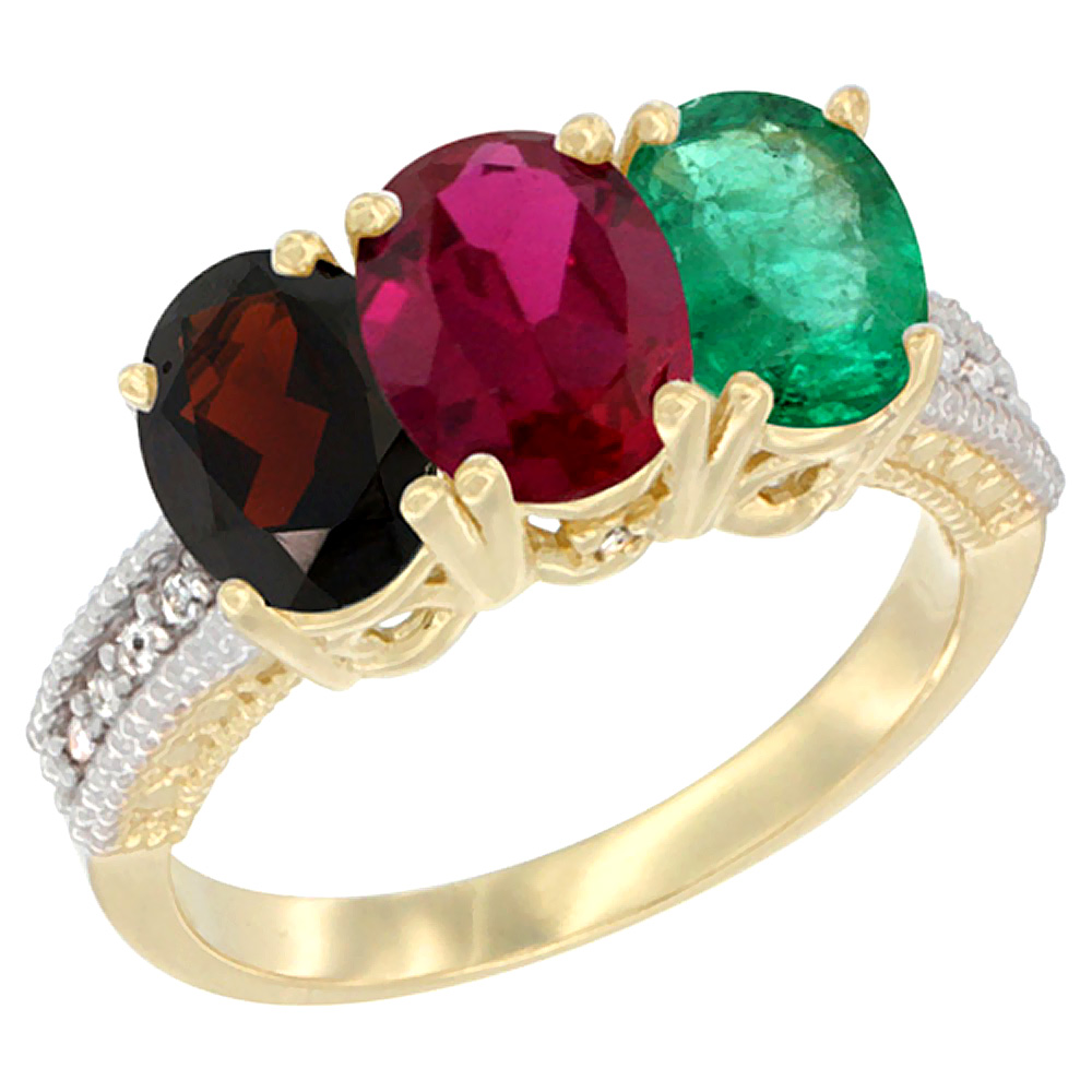 14K Yellow Gold Natural Garnet, Enhanced Ruby &amp; Natural Emerald Ring 3-Stone 7x5 mm Oval Diamond Accent, sizes 5 - 10