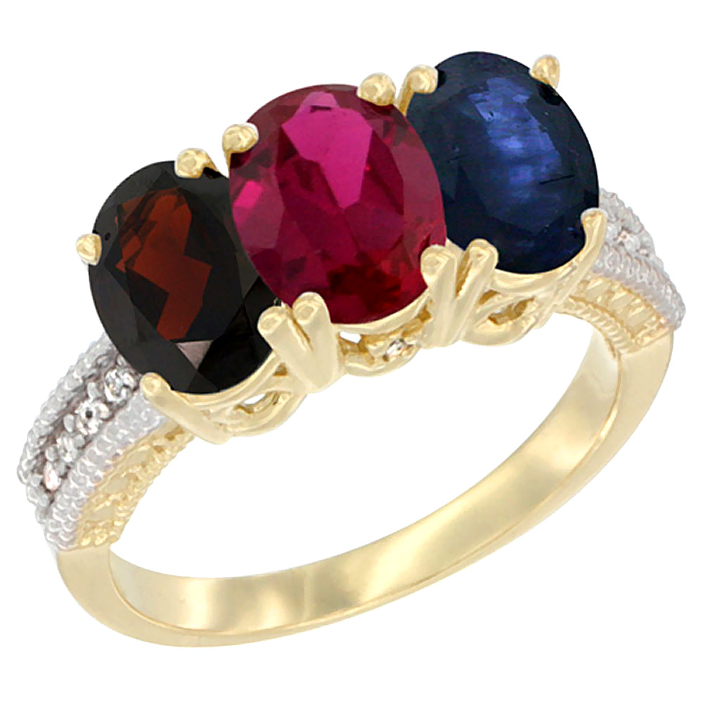 14K Yellow Gold Natural Garnet, Enhanced Ruby & Natural Blue Sapphire Ring 3-Stone 7x5 mm Oval Diamond Accent, sizes 5 - 10