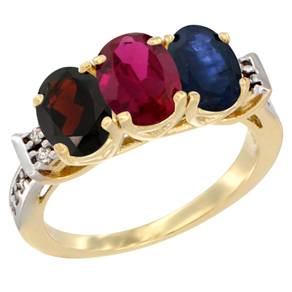 10K Yellow Gold Natural Garnet, Enhanced Ruby & Natural Blue Sapphire Ring 3-Stone Oval 7x5 mm Diamond Accent, sizes 5 - 10