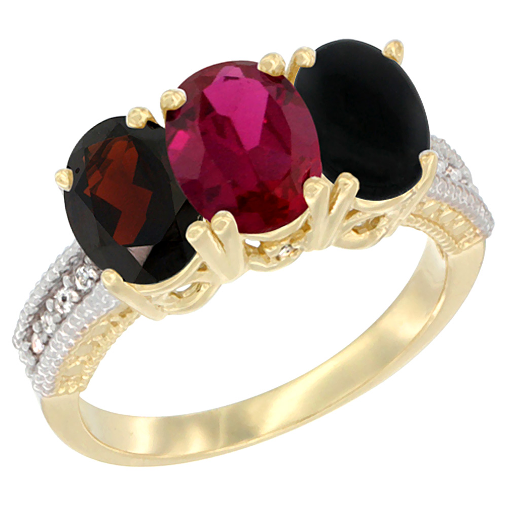 14K Yellow Gold Natural Garnet, Enhanced Ruby &amp; Natural Black Onyx Ring 3-Stone 7x5 mm Oval Diamond Accent, sizes 5 - 10