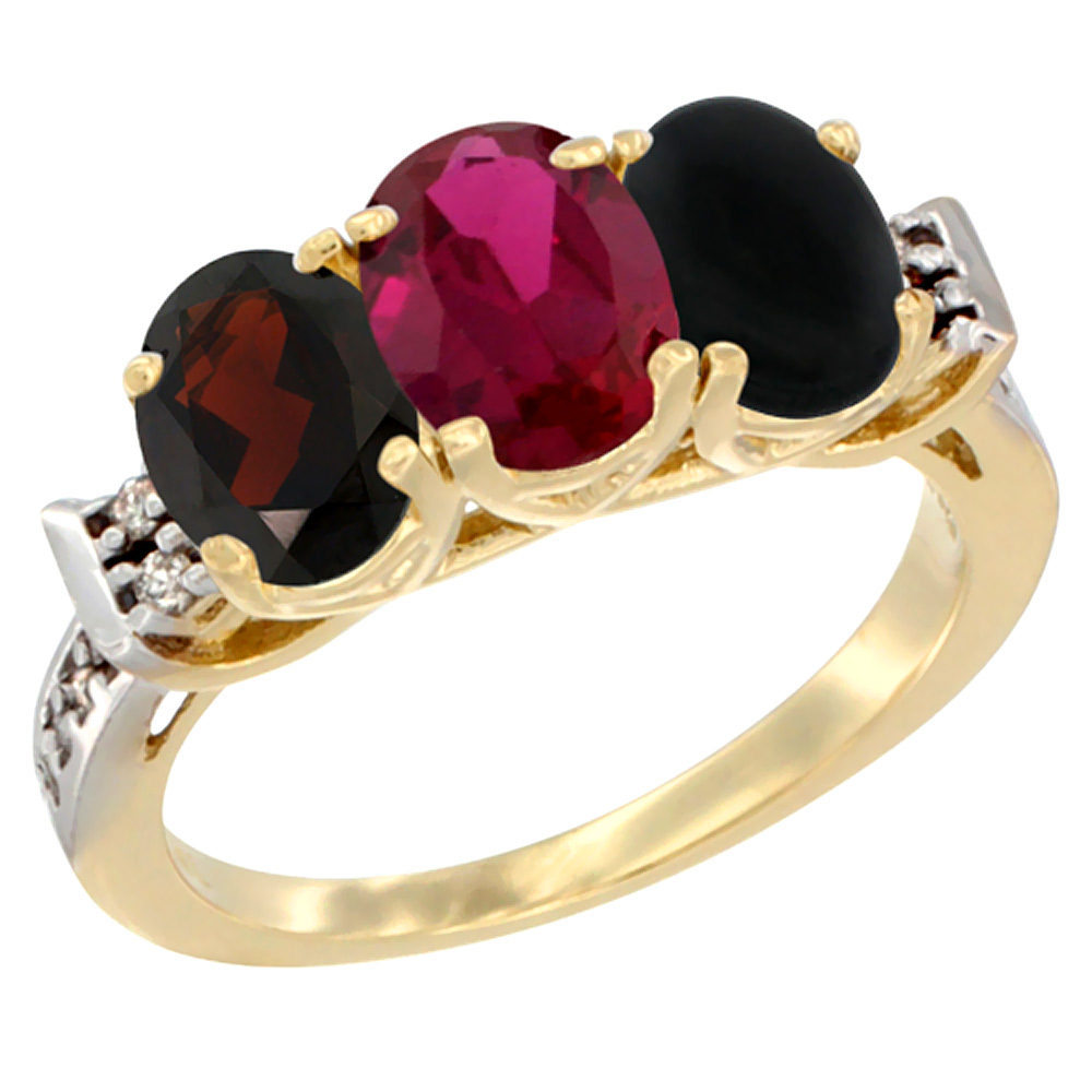 10K Yellow Gold Natural Garnet, Enhanced Ruby &amp; Natural Black Onyx Ring 3-Stone Oval 7x5 mm Diamond Accent, sizes 5 - 10