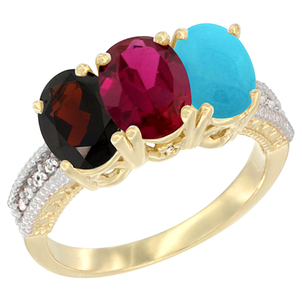 10K Yellow Gold Diamond Natural Garnet, Enhanced Ruby & Turquoise Ring 3-Stone 7x5 mm Oval, sizes 5 - 10
