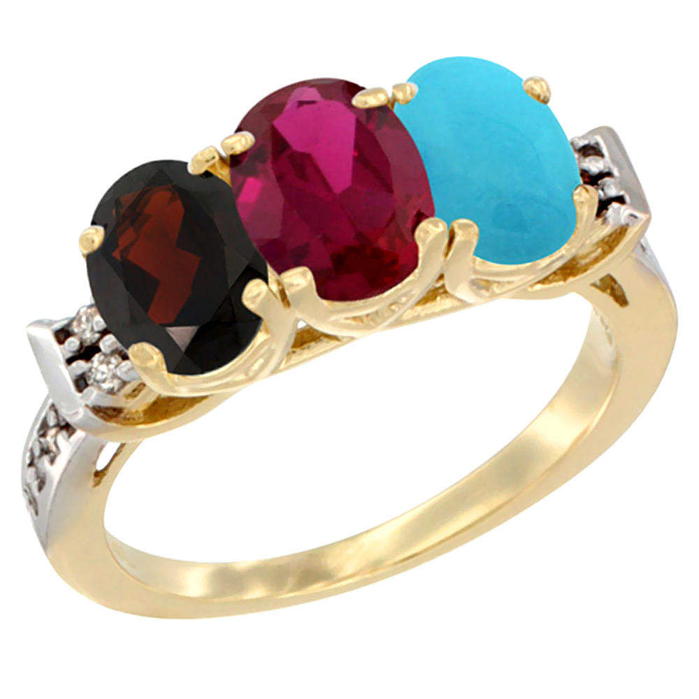 14K Yellow Gold Natural Garnet, Enhanced Ruby & Natural Turquoise Ring 3-Stone 7x5 mm Oval Diamond Accent, sizes 5 - 10