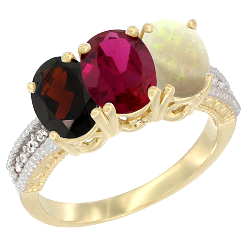 14K Yellow Gold Natural Garnet, Enhanced Ruby & Natural Opal Ring 3-Stone 7x5 mm Oval Diamond Accent, sizes 5 - 10