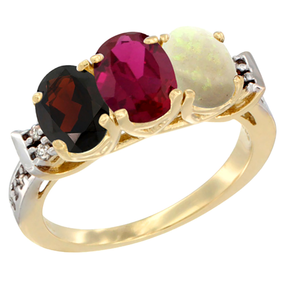10K Yellow Gold Natural Garnet, Enhanced Ruby & Natural Opal Ring 3-Stone Oval 7x5 mm Diamond Accent, sizes 5 - 10