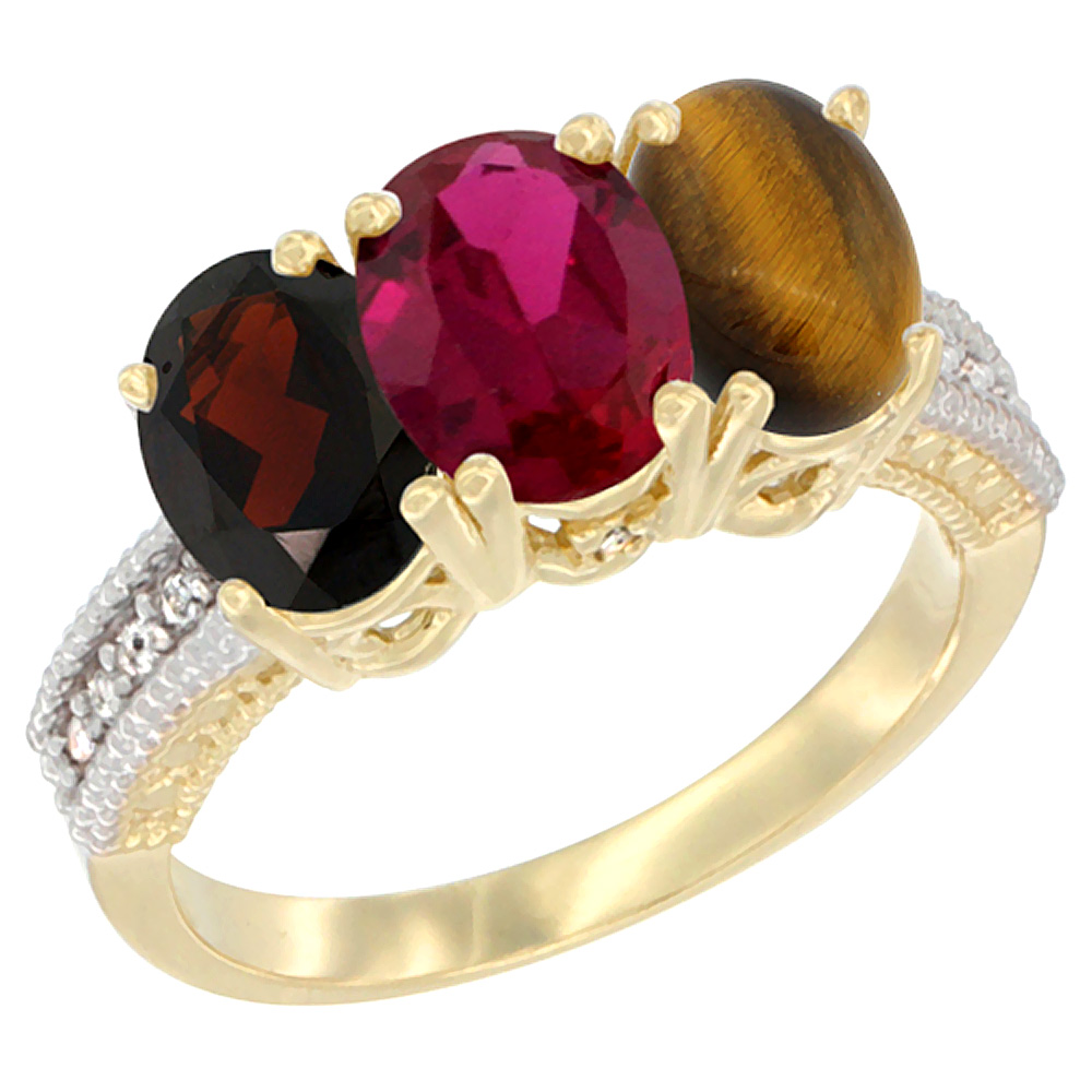 14K Yellow Gold Natural Garnet, Enhanced Ruby & Natural Tiger Eye Ring 3-Stone 7x5 mm Oval Diamond Accent, sizes 5 - 10