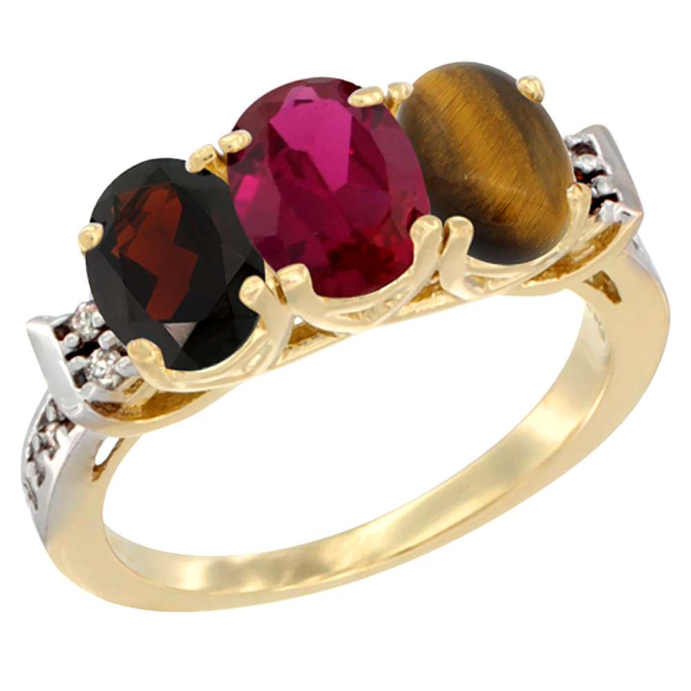 10K Yellow Gold Natural Garnet, Enhanced Ruby & Natural Tiger Eye Ring 3-Stone Oval 7x5 mm Diamond Accent, sizes 5 - 10