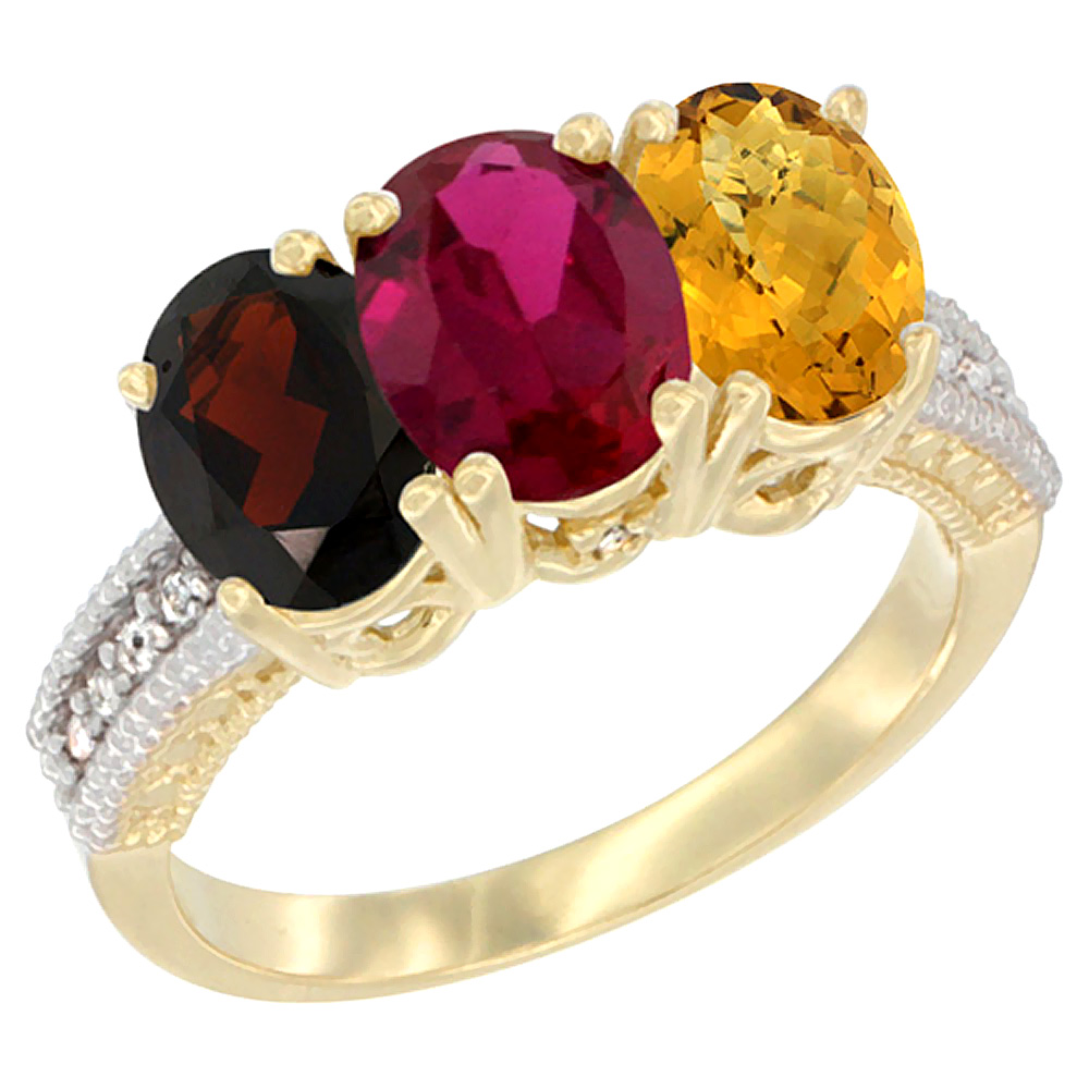 14K Yellow Gold Natural Garnet, Enhanced Ruby &amp; Natural Whisky Quartz Ring 3-Stone 7x5 mm Oval Diamond Accent, sizes 5 - 10