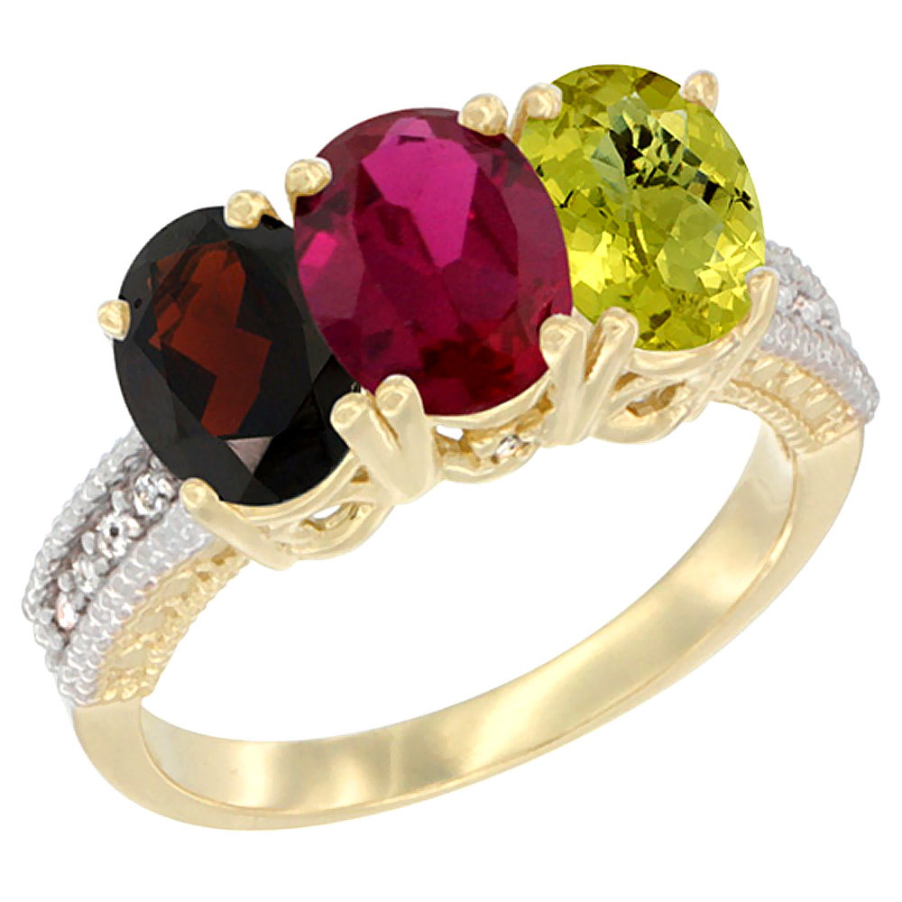 14K Yellow Gold Natural Garnet, Enhanced Ruby & Natural Lemon Quartz Ring 3-Stone 7x5 mm Oval Diamond Accent, sizes 5 - 10