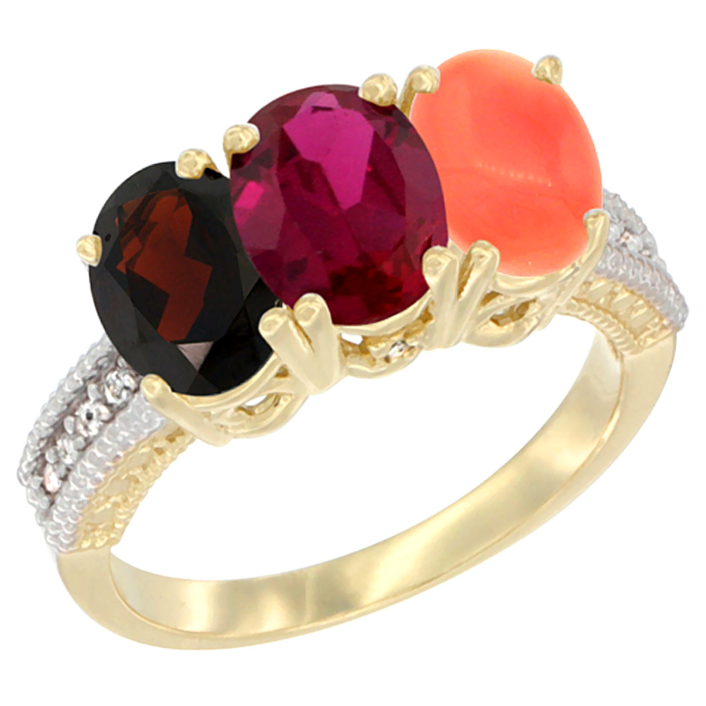 14K Yellow Gold Natural Garnet, Enhanced Ruby &amp; Natural Coral Ring 3-Stone 7x5 mm Oval Diamond Accent, sizes 5 - 10
