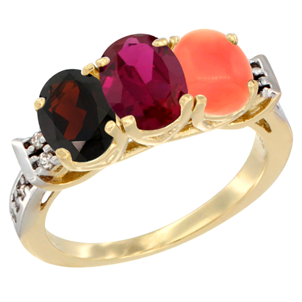 14K Yellow Gold Natural Garnet, Enhanced Ruby & Natural Coral Ring 3-Stone 7x5 mm Oval Diamond Accent, sizes 5 - 10