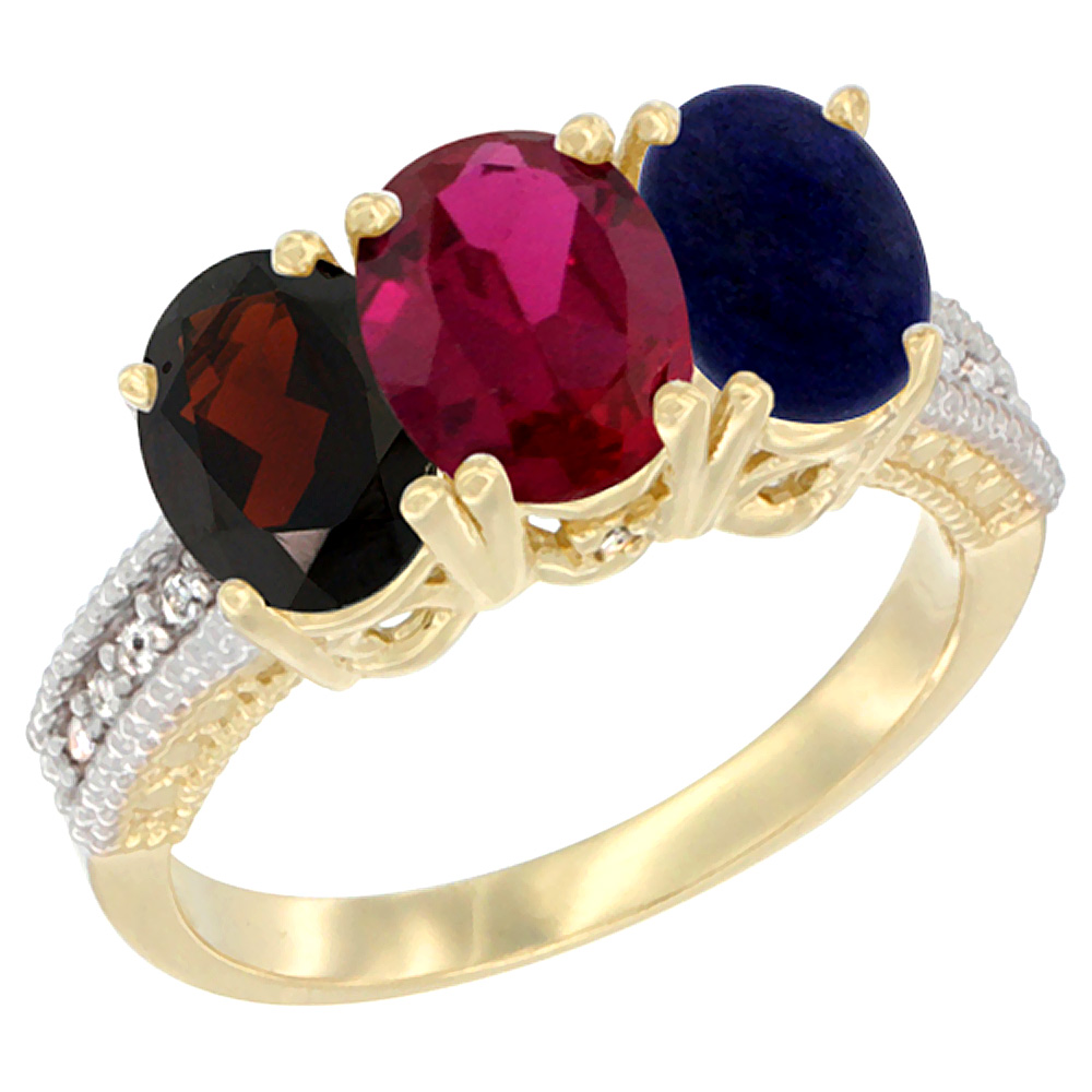 10K Yellow Gold Diamond Natural Garnet, Enhanced Ruby & Lapis Ring 3-Stone 7x5 mm Oval, sizes 5 - 10