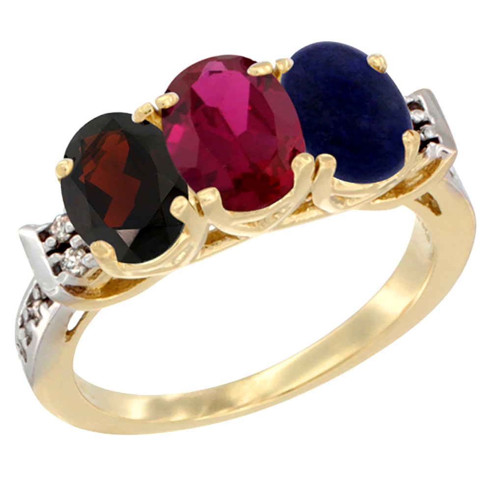 10K Yellow Gold Natural Garnet, Enhanced Ruby & Natural Lapis Ring 3-Stone Oval 7x5 mm Diamond Accent, sizes 5 - 10