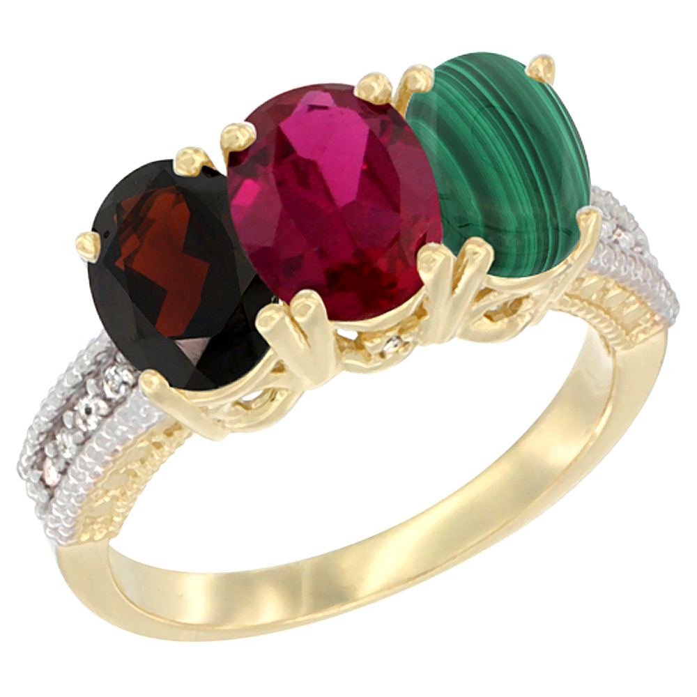 14K Yellow Gold Natural Garnet, Enhanced Ruby &amp; Natural Malachite Ring 3-Stone 7x5 mm Oval Diamond Accent, sizes 5 - 10