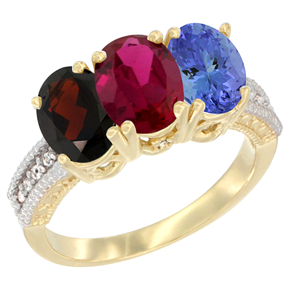 14K Yellow Gold Natural Garnet, Enhanced Ruby &amp; Natural Tanzanite Ring 3-Stone 7x5 mm Oval Diamond Accent, sizes 5 - 10