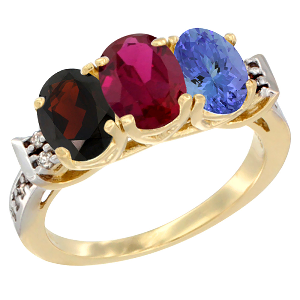 14K Yellow Gold Natural Garnet, Enhanced Ruby &amp; Natural Tanzanite Ring 3-Stone 7x5 mm Oval Diamond Accent, sizes 5 - 10