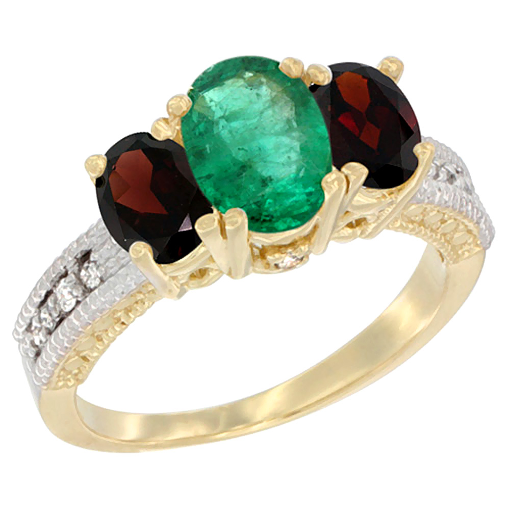 10K Yellow Gold Diamond Natural Quality Emerald 7x5mm &amp; 6x4mm Garnet Oval 3-stone Mothers Ring,size 5-10