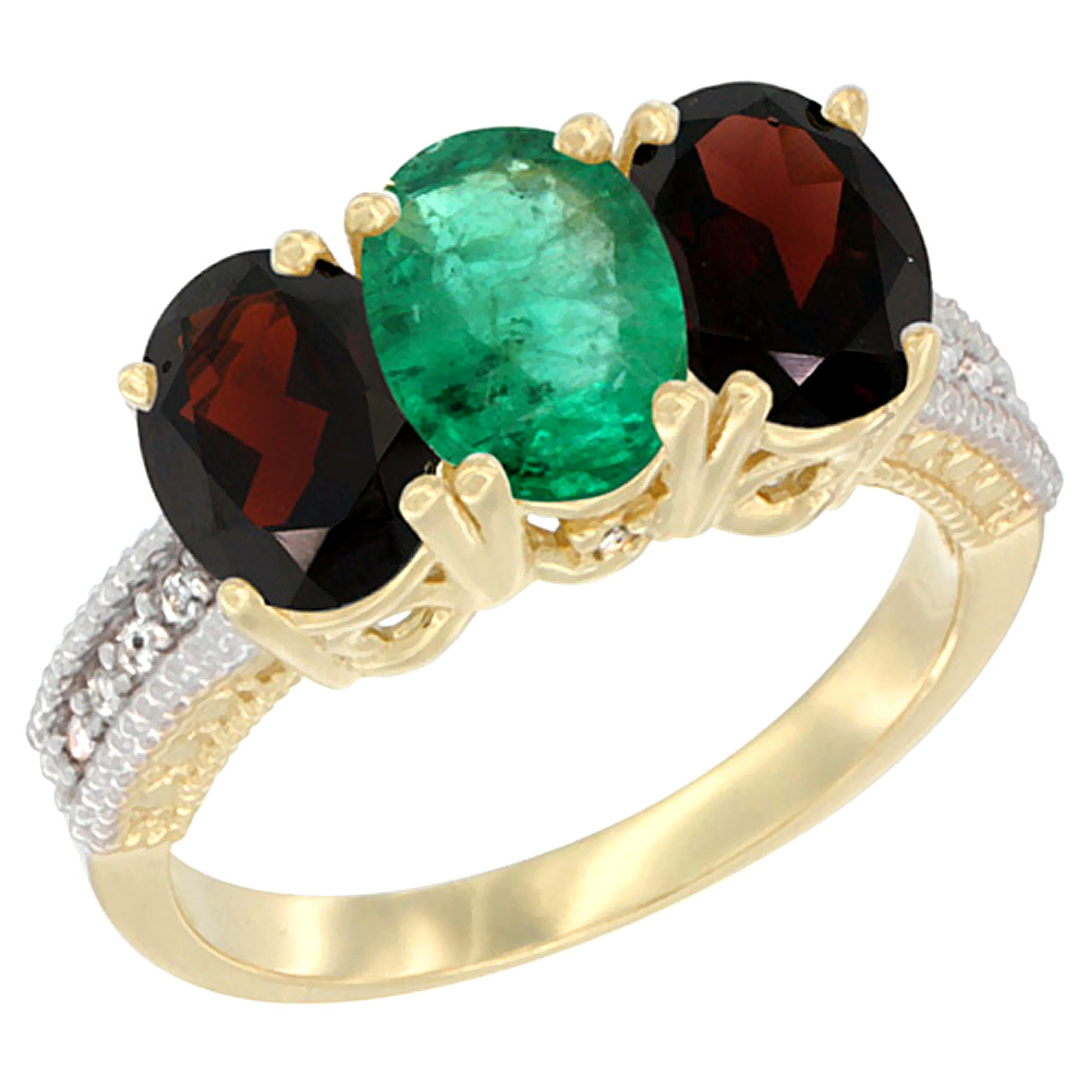14K Yellow Gold Natural Emerald & Garnet Sides Ring 3-Stone 7x5 mm Oval Diamond Accent, sizes 5 - 10