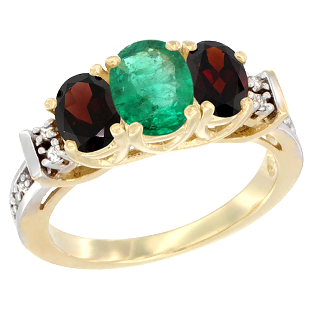 14K Yellow Gold Natural Emerald &amp; Garnet Ring 3-Stone Oval Diamond Accent