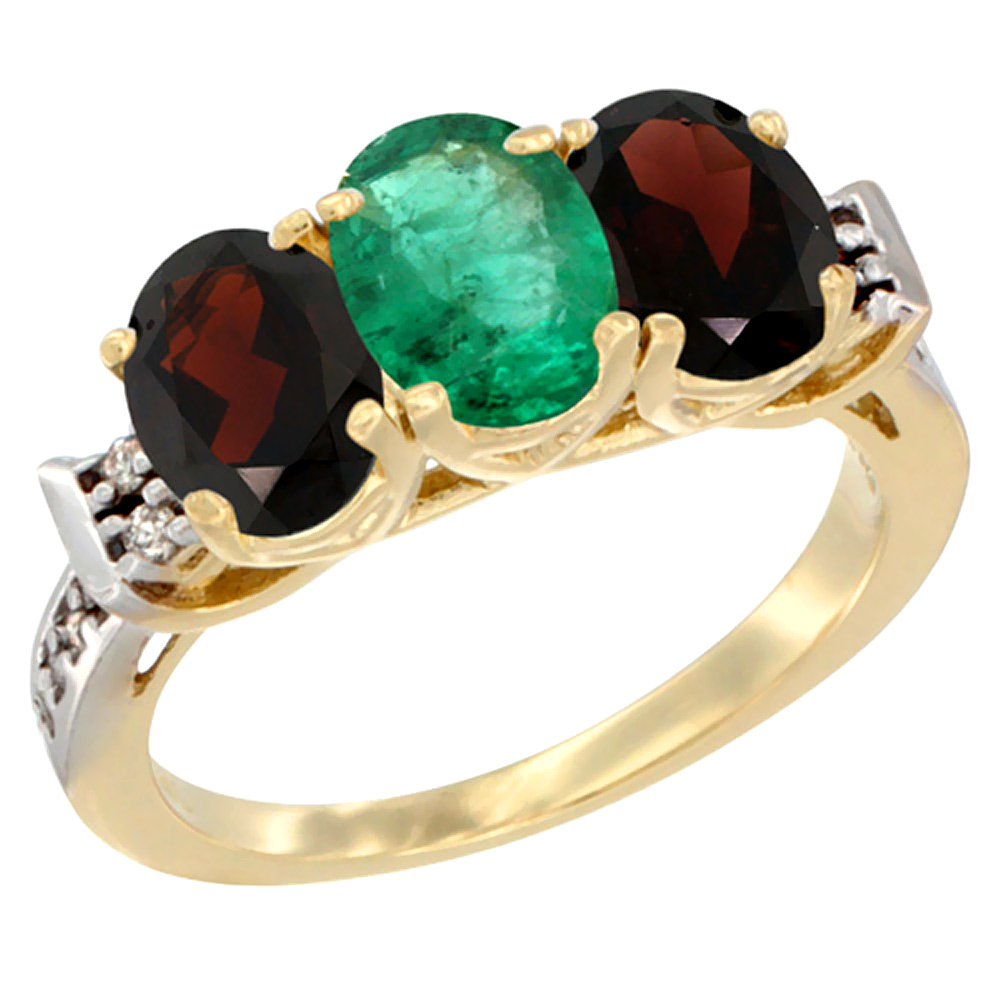 10K Yellow Gold Natural Emerald & Garnet Sides Ring 3-Stone Oval 7x5 mm Diamond Accent, sizes 5 - 10