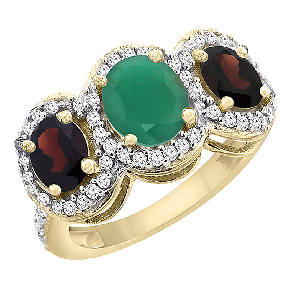 14K Yellow Gold Natural Emerald & Garnet 3-Stone Ring Oval Diamond Accent, sizes 5 - 10