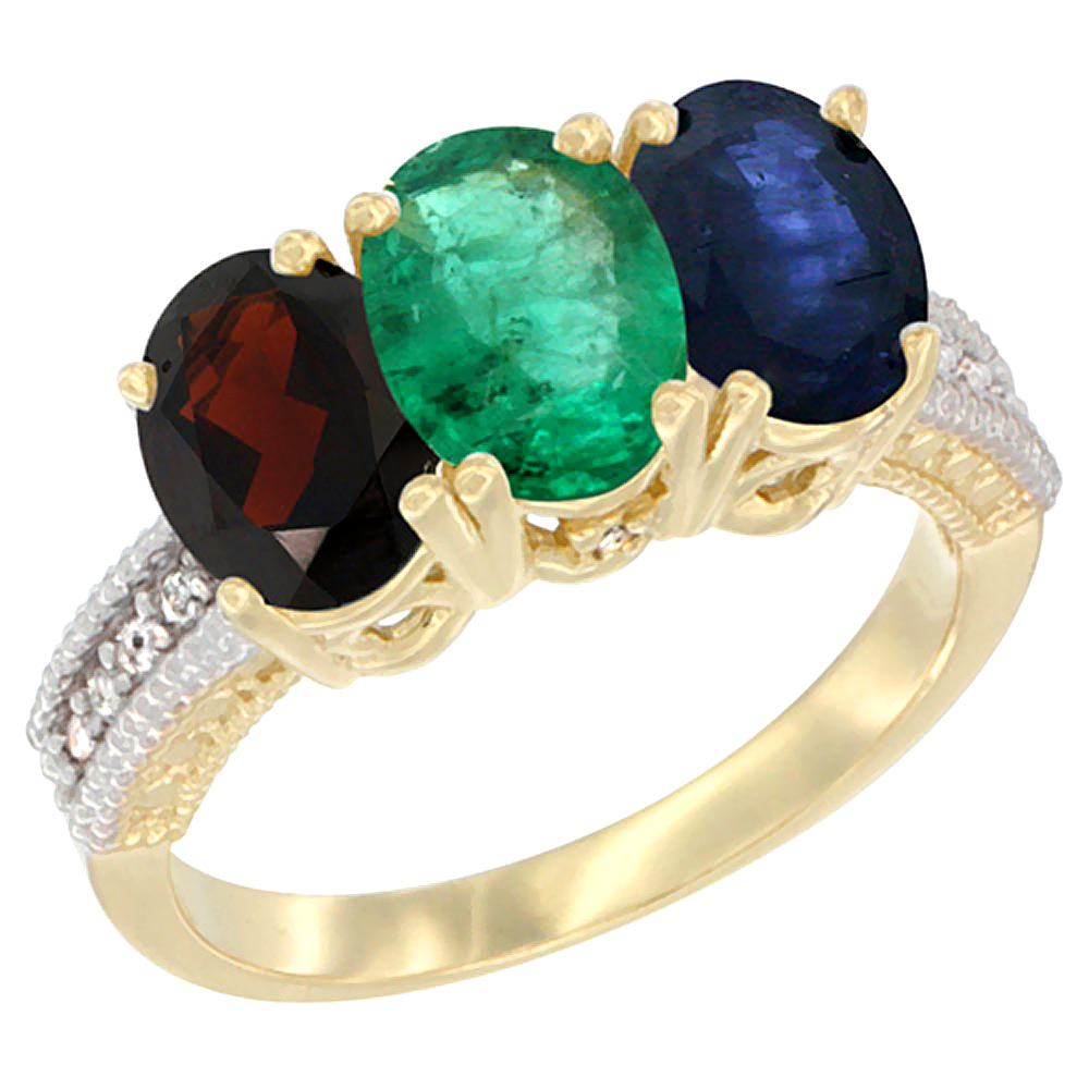 14K Yellow Gold Natural Garnet, Emerald &amp; Blue Sapphire Ring 3-Stone 7x5 mm Oval Diamond Accent, sizes 5 - 10