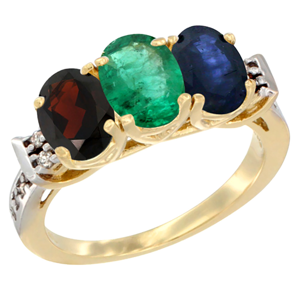 10K Yellow Gold Natural Garnet, Emerald &amp; Blue Sapphire Ring 3-Stone Oval 7x5 mm Diamond Accent, sizes 5 - 10