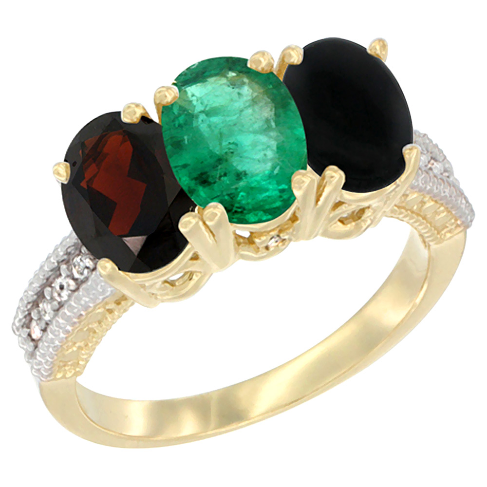 10K Yellow Gold Diamond Natural Garnet, Emerald &amp; Black Onyx Ring 3-Stone 7x5 mm Oval, sizes 5 - 10