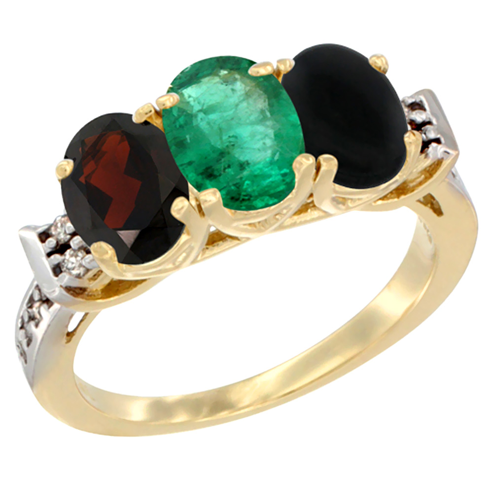 14K Yellow Gold Natural Garnet, Emerald &amp; Black Onyx Ring 3-Stone 7x5 mm Oval Diamond Accent, sizes 5 - 10