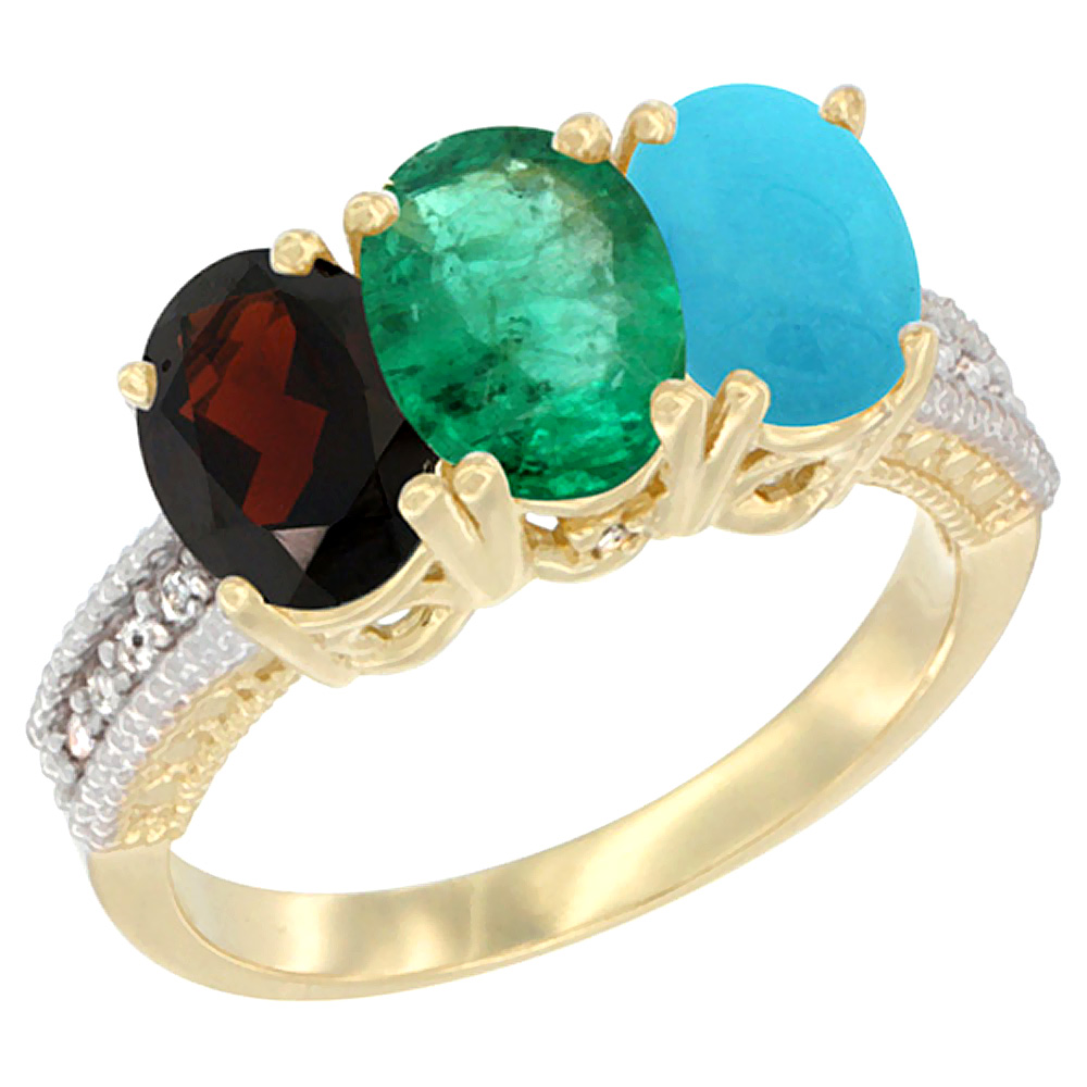10K Yellow Gold Diamond Natural Garnet, Emerald & Turquoise Ring 3-Stone 7x5 mm Oval, sizes 5 - 10