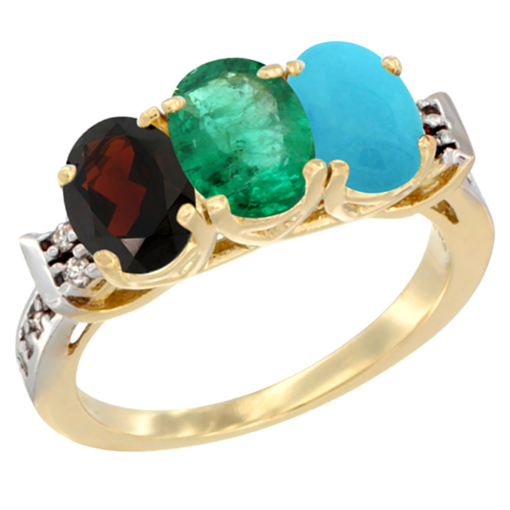 14K Yellow Gold Natural Garnet, Emerald &amp; Turquoise Ring 3-Stone 7x5 mm Oval Diamond Accent, sizes 5 - 10