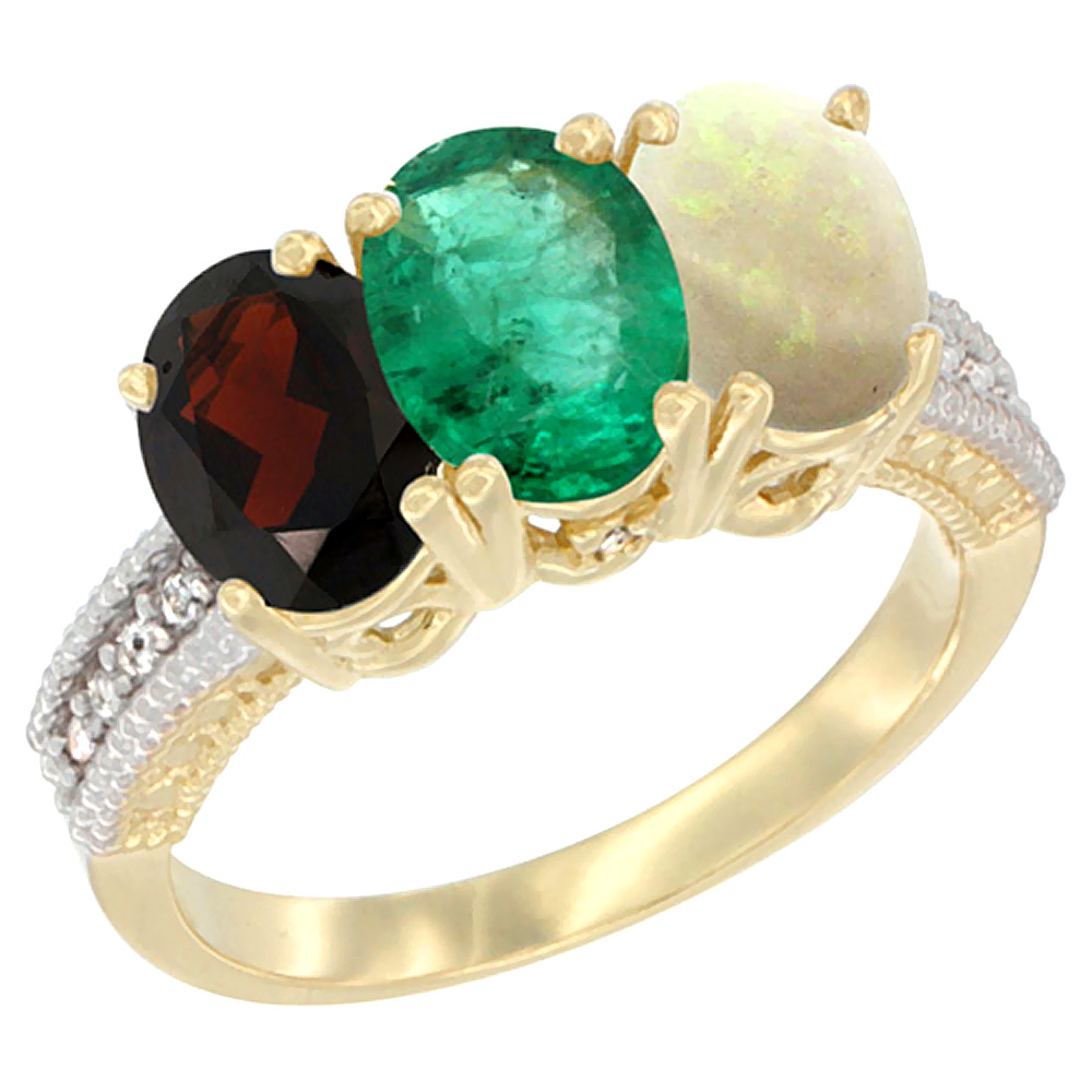 10K Yellow Gold Diamond Natural Garnet, Emerald &amp; Opal Ring 3-Stone 7x5 mm Oval, sizes 5 - 10
