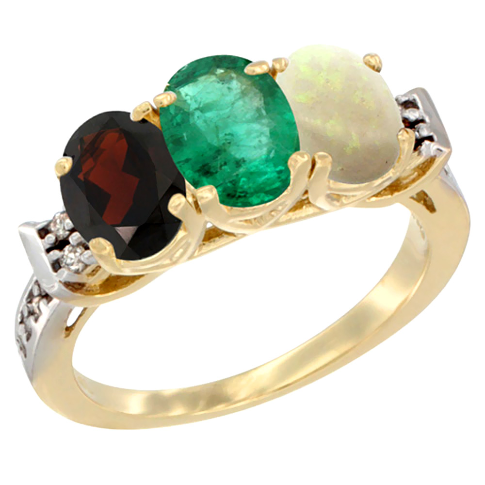 14K Yellow Gold Natural Garnet, Emerald & Opal Ring 3-Stone 7x5 mm Oval Diamond Accent, sizes 5 - 10