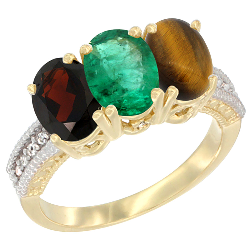 14K Yellow Gold Natural Garnet, Emerald &amp; Tiger Eye Ring 3-Stone 7x5 mm Oval Diamond Accent, sizes 5 - 10