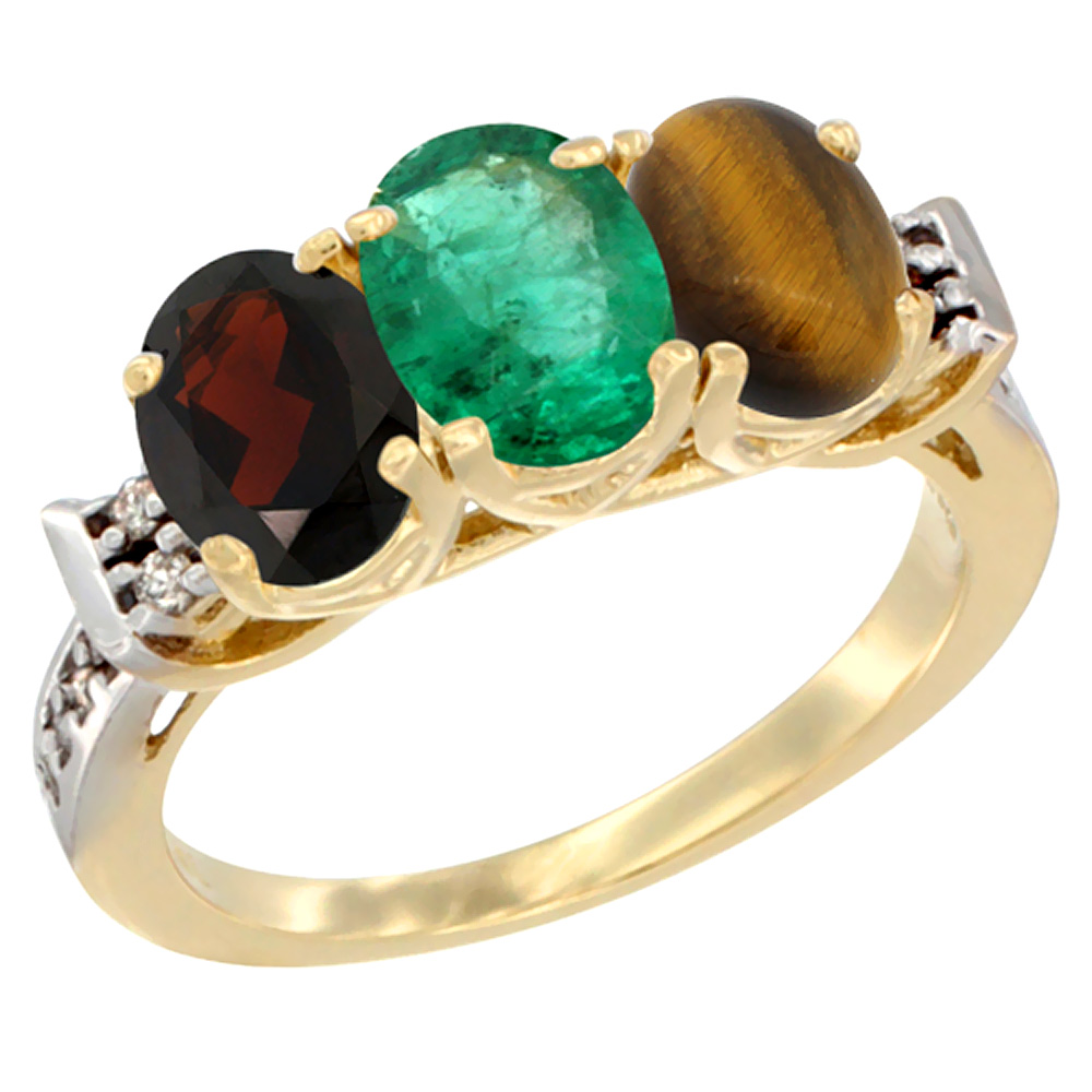 14K Yellow Gold Natural Garnet, Emerald &amp; Tiger Eye Ring 3-Stone 7x5 mm Oval Diamond Accent, sizes 5 - 10
