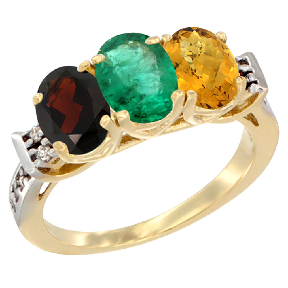 10K Yellow Gold Natural Garnet, Emerald &amp; Whisky Quartz Ring 3-Stone Oval 7x5 mm Diamond Accent, sizes 5 - 10