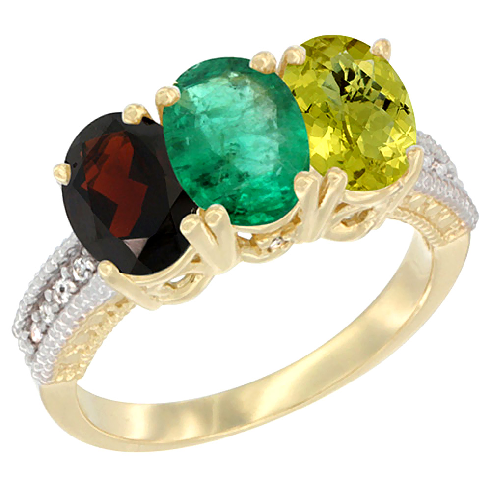 10K Yellow Gold Diamond Natural Garnet, Emerald &amp; Lemon Quartz Ring 3-Stone 7x5 mm Oval, sizes 5 - 10